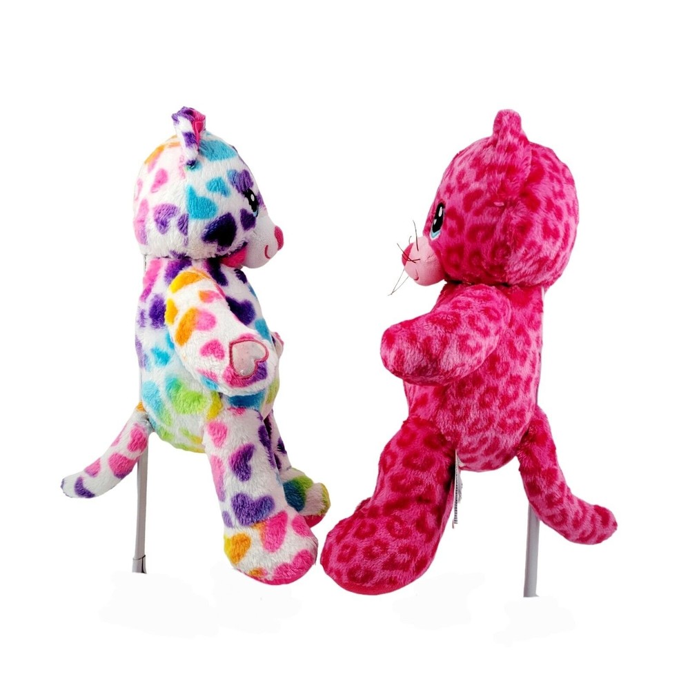 Lot of 2 Build a Bears Rainbow Hearts Kitty Cat & Hot Pink Leopard Stuffed Plush - Picture 3 of 15